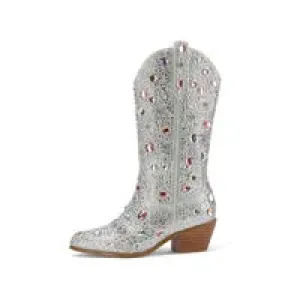 Autumn Winter New Water Dia Crystal Mid-Calf Fashion 5cm Thick Heel Auto Show Model Motorcycle Boots Size10