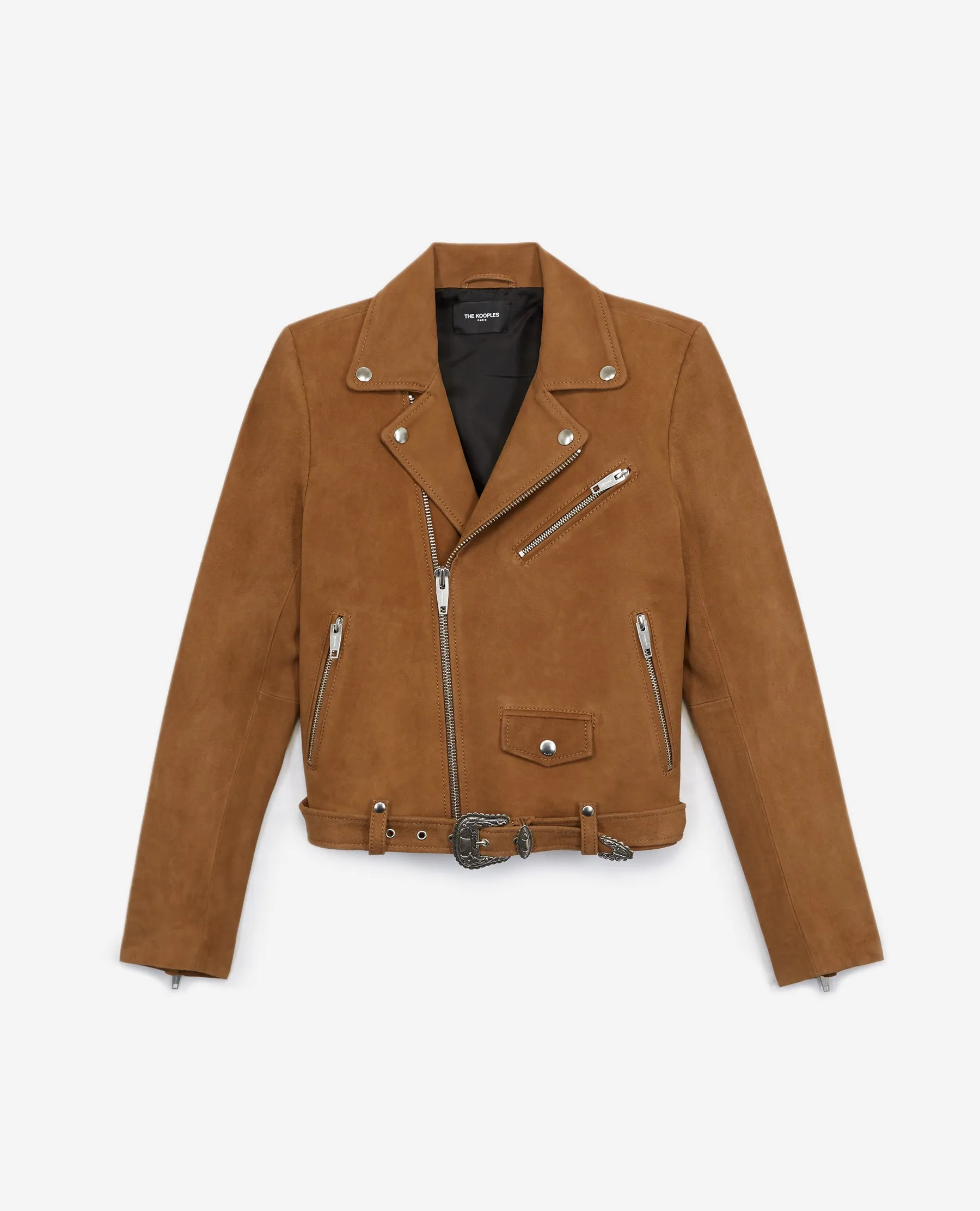 Blouson cuir marron effet daim à sangles