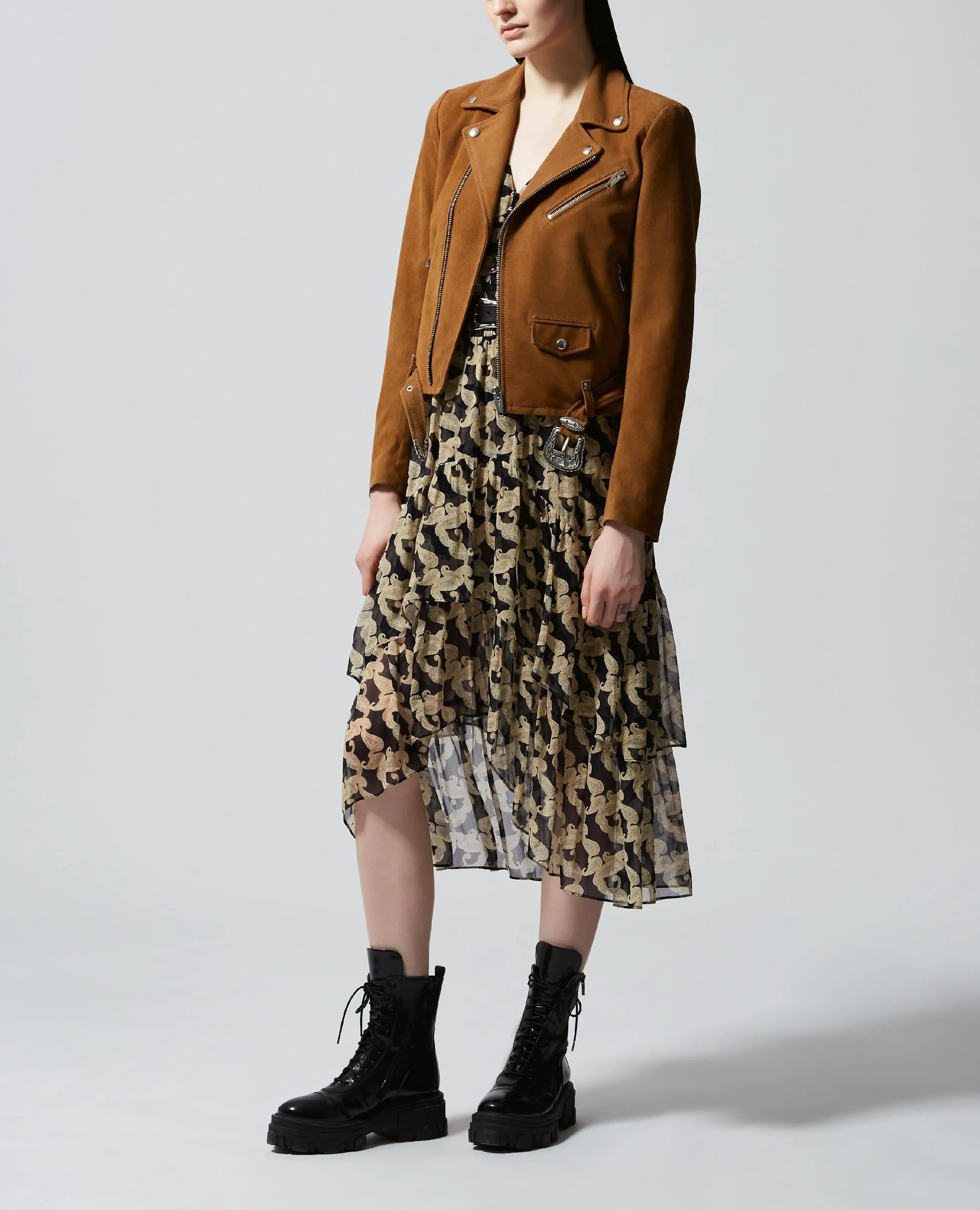 Blouson cuir marron effet daim à sangles
