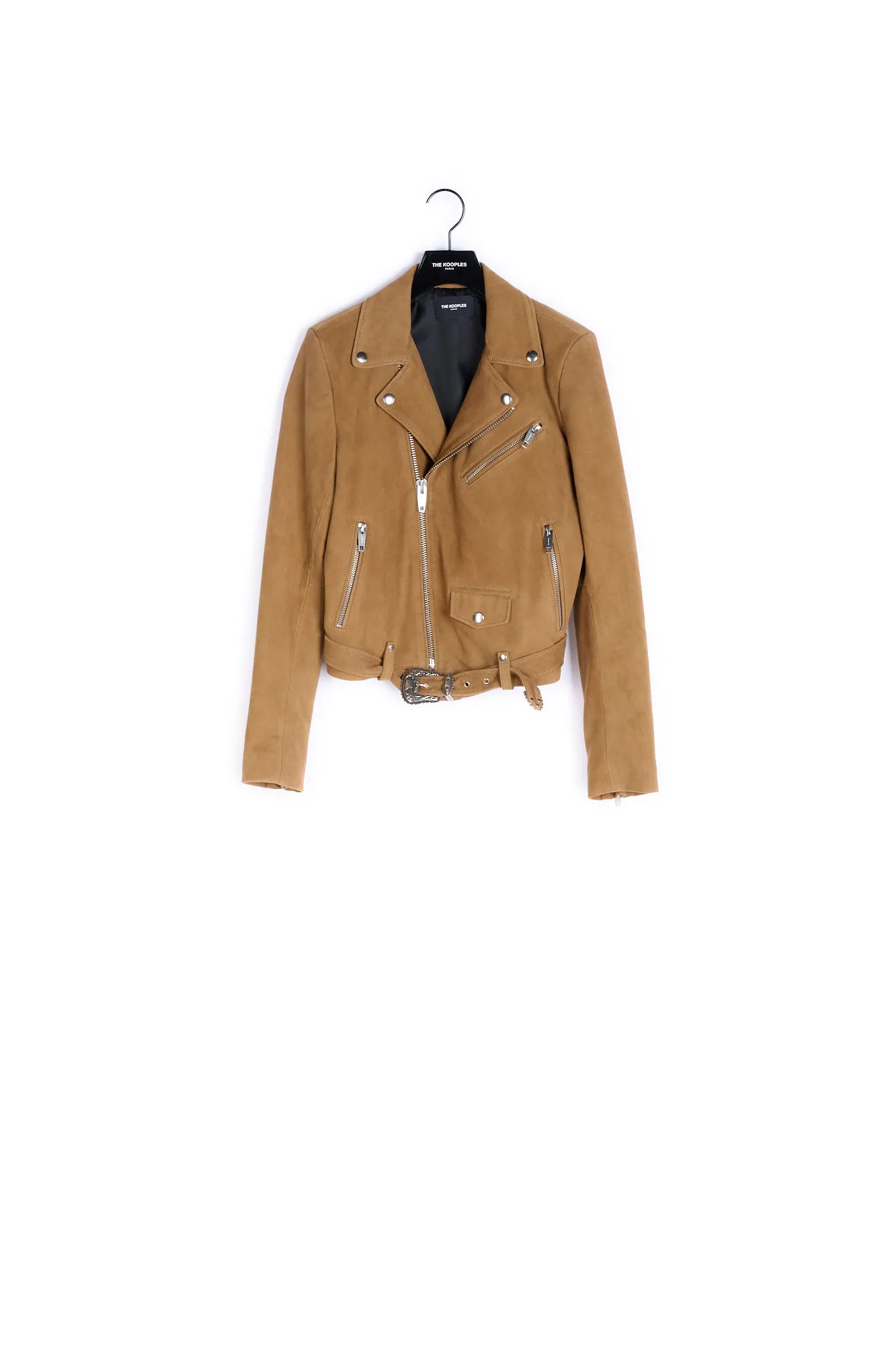 Blouson cuir marron effet daim à sangles