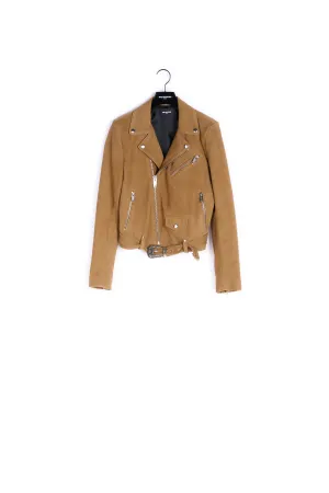 Blouson cuir marron effet daim à sangles