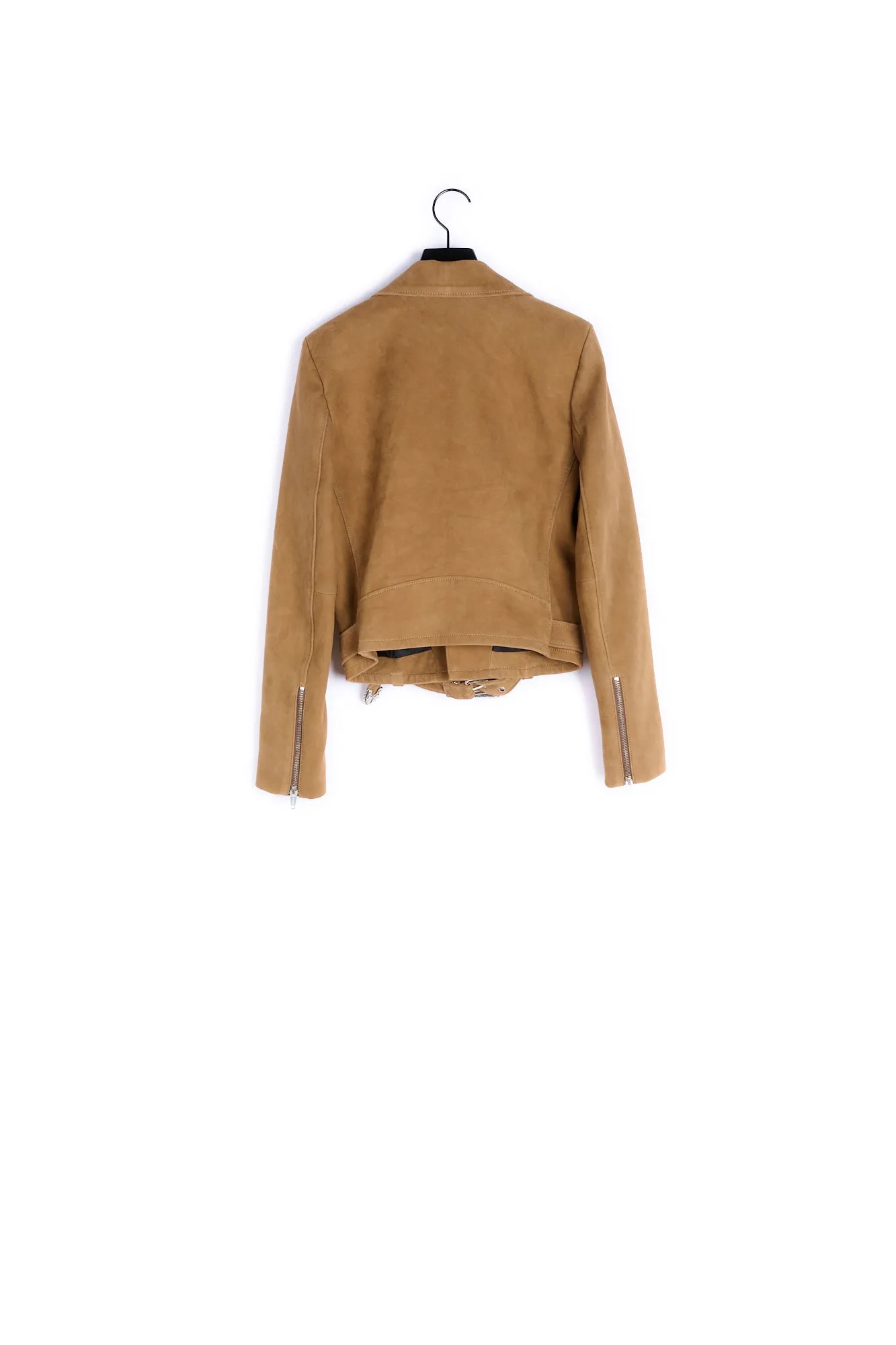 Blouson cuir marron effet daim à sangles
