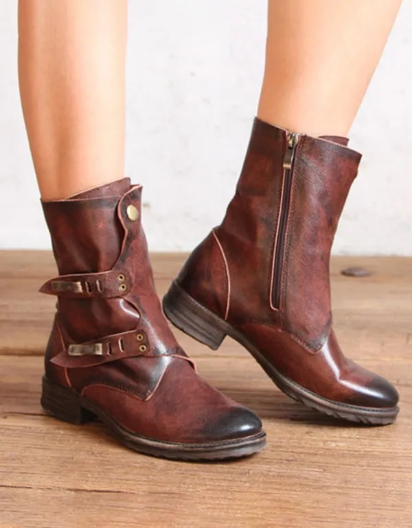 Handmade British Style Vintage Buckle Motorcycle Boots