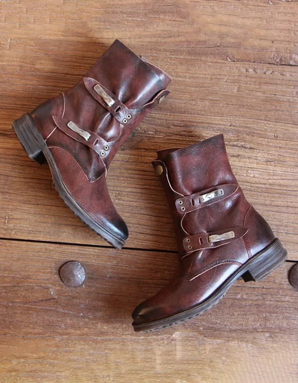 Handmade British Style Vintage Buckle Motorcycle Boots