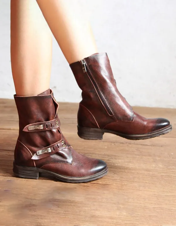 Handmade British Style Vintage Buckle Motorcycle Boots