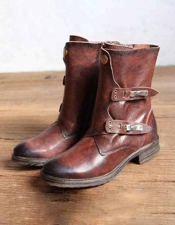 Handmade British Style Vintage Buckle Motorcycle Boots