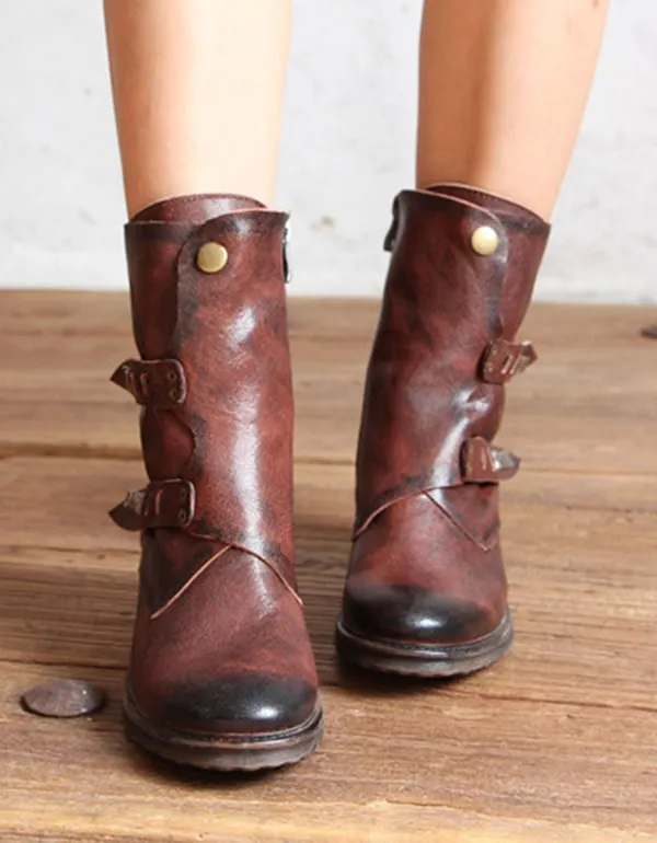 Handmade British Style Vintage Buckle Motorcycle Boots