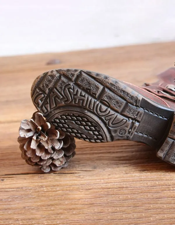 Handmade British Style Vintage Buckle Motorcycle Boots