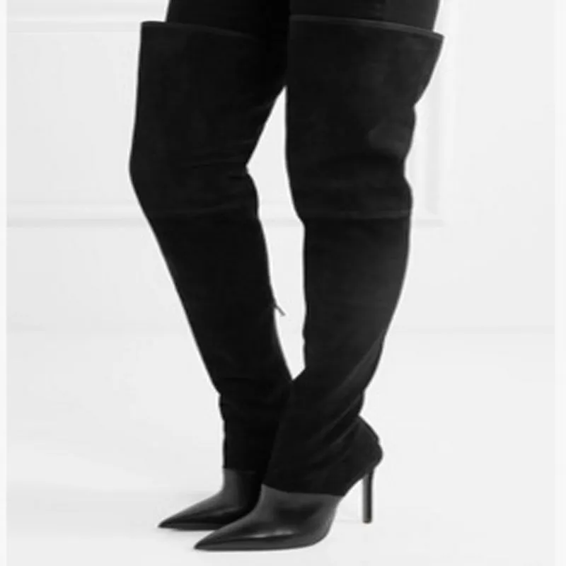 High Heel Stretch Suede Pointed Toe Thigh High Boots