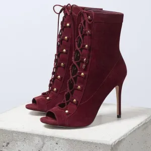 Peep Toe Lace Up High Heel Calf Boots