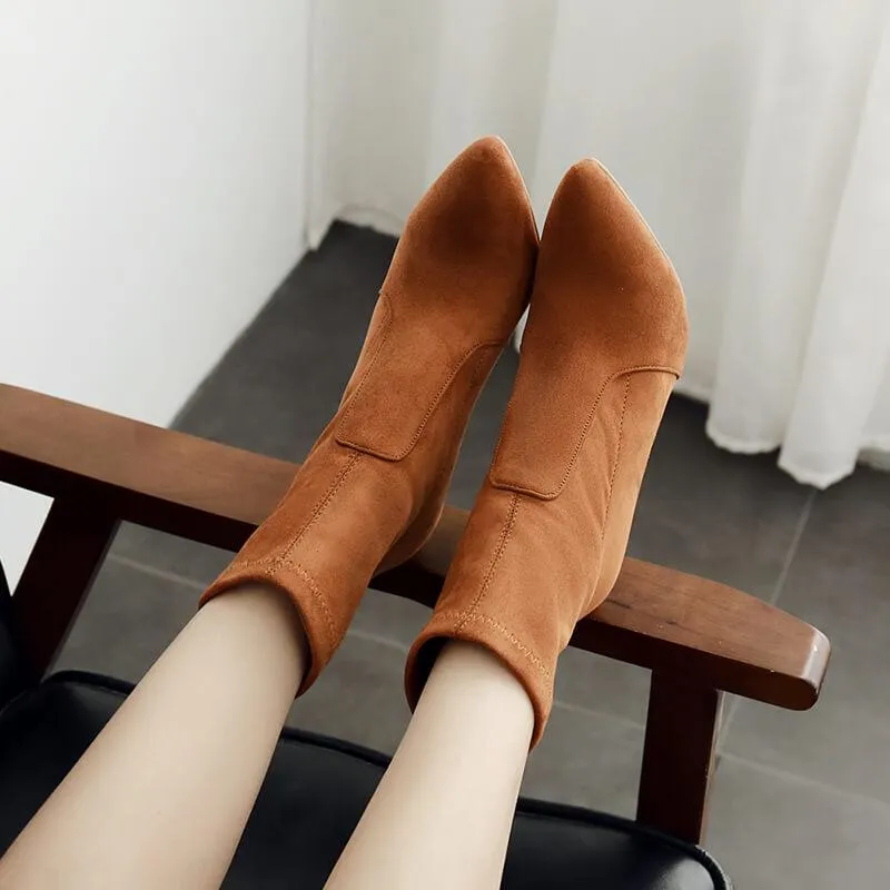 Suede Pointed Toe High Heel Calf Sock Boots